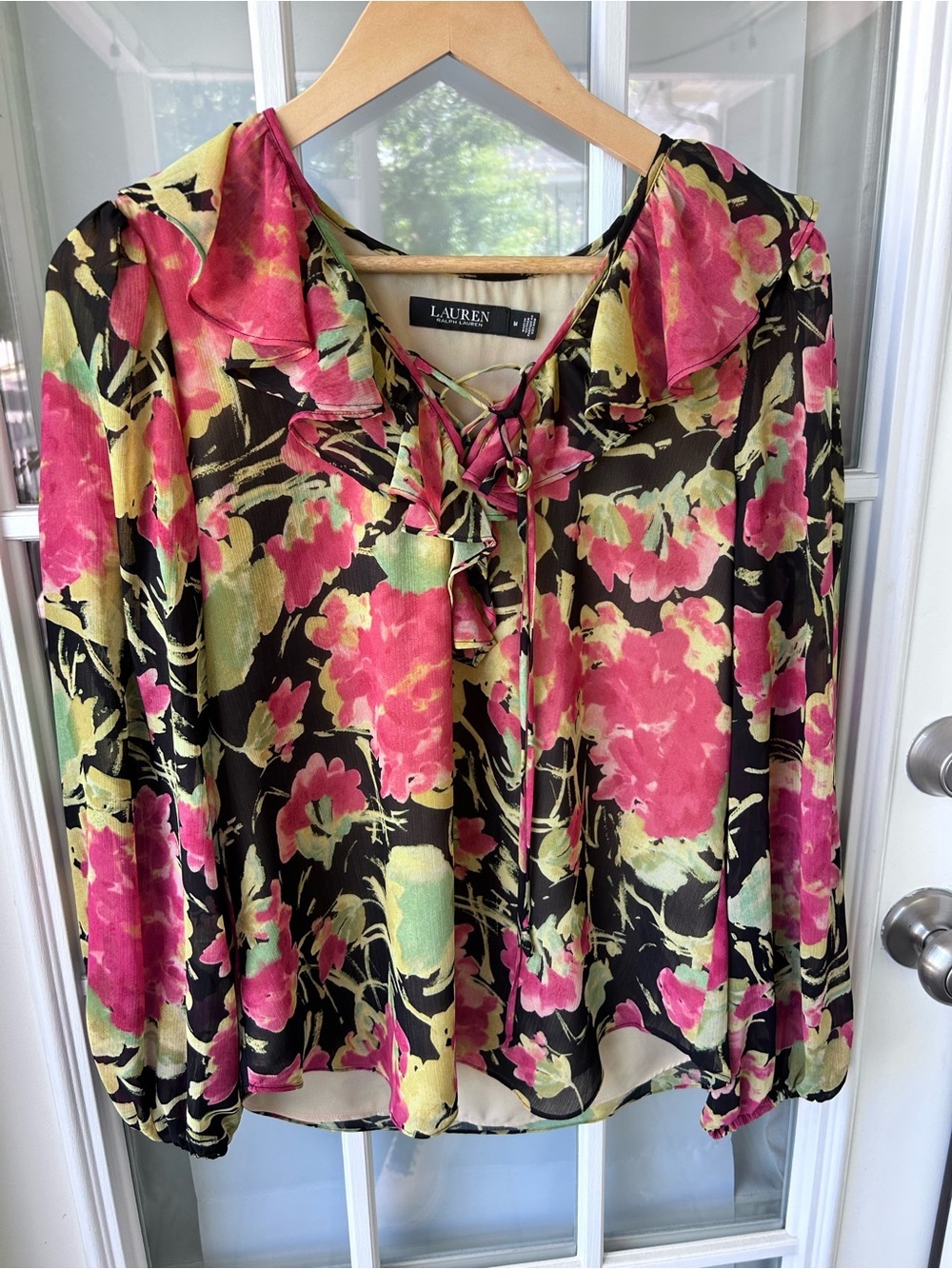 Lauren Ralph Lauren Black Floral Ruffle-Front Blouse - Pink & Green medium